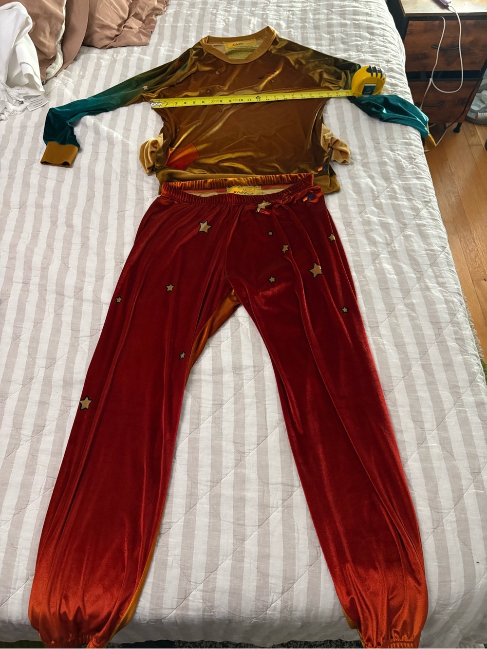 Aviator Nation Velvet Star Track Pants & Top in Red, Gold, Green